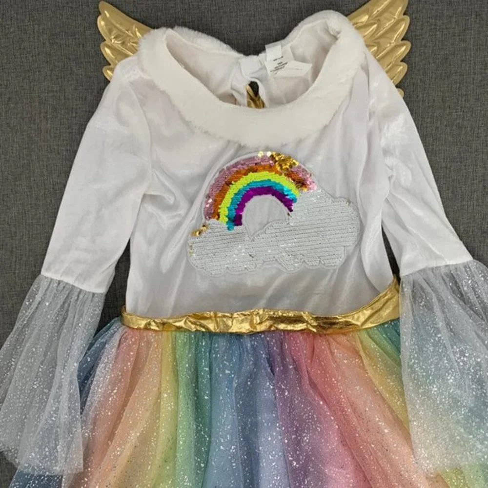 Girls Rainbow Unicorn Costume Dress Beautiful Sparkle‎ Sequin Angel Wings Large